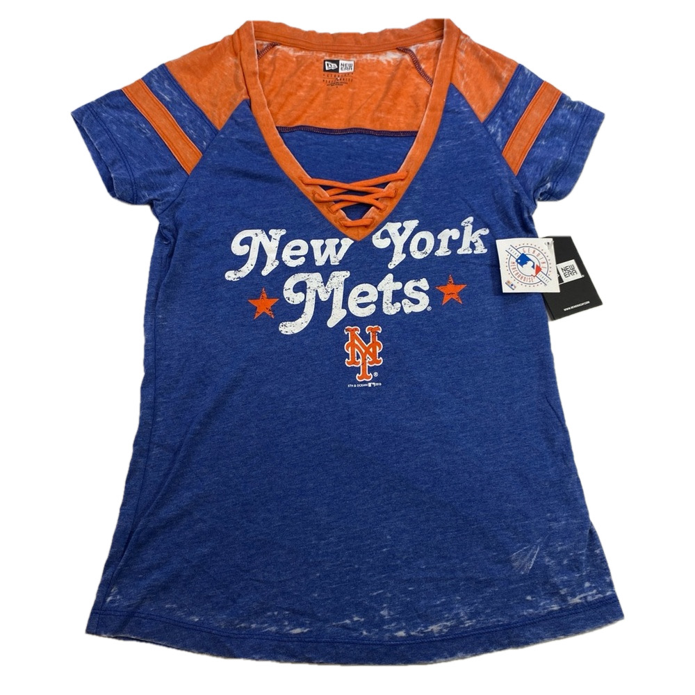 New-York Mets MLB Women's New Era Orange & Blue V-Neck Shirt Small